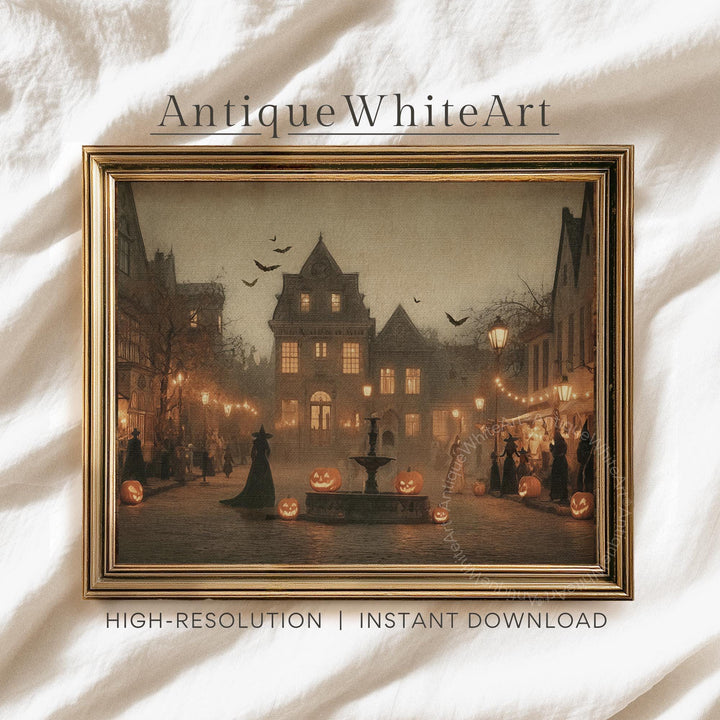 Vintage Style Halloween Town Print: Witches Jack O' Lanterns Spooky Decor ( ) Print Wall Art