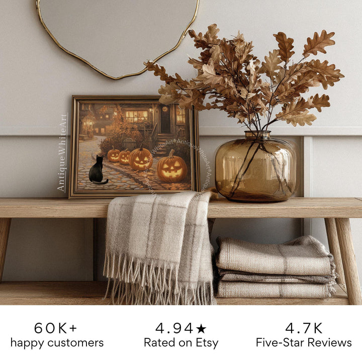 Vintage Style Halloween Print: Black Cat & Jack-o-lanterns ( ) Print Wall Art