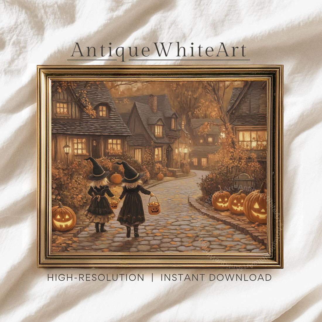 Vintage Style Halloween Print: Little Witches Autumn Village ( ) Print Wall Art