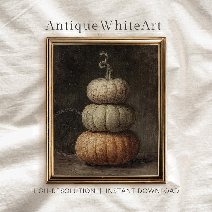 Pumpkin Still Life Vintage Style Painting: Moody Fall Decor ( ) Print Wall Art