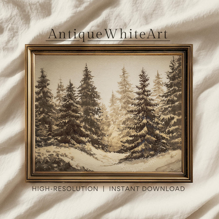 Vintage Style Pine Forest Print: Neutral Christmas Landscape ( ) W193 Print Wall Art
