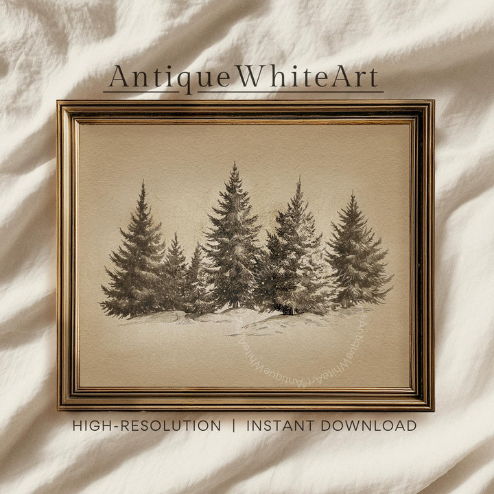 Vintage Style Christmas Tree Print: Farmhouse Winter Forest Scene ( ) W190 Print Wall Art