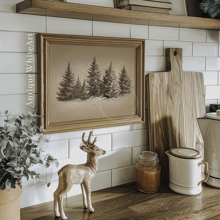 Vintage Style Christmas Tree Print: Farmhouse Winter Forest Scene ( ) W190 Print Wall Art