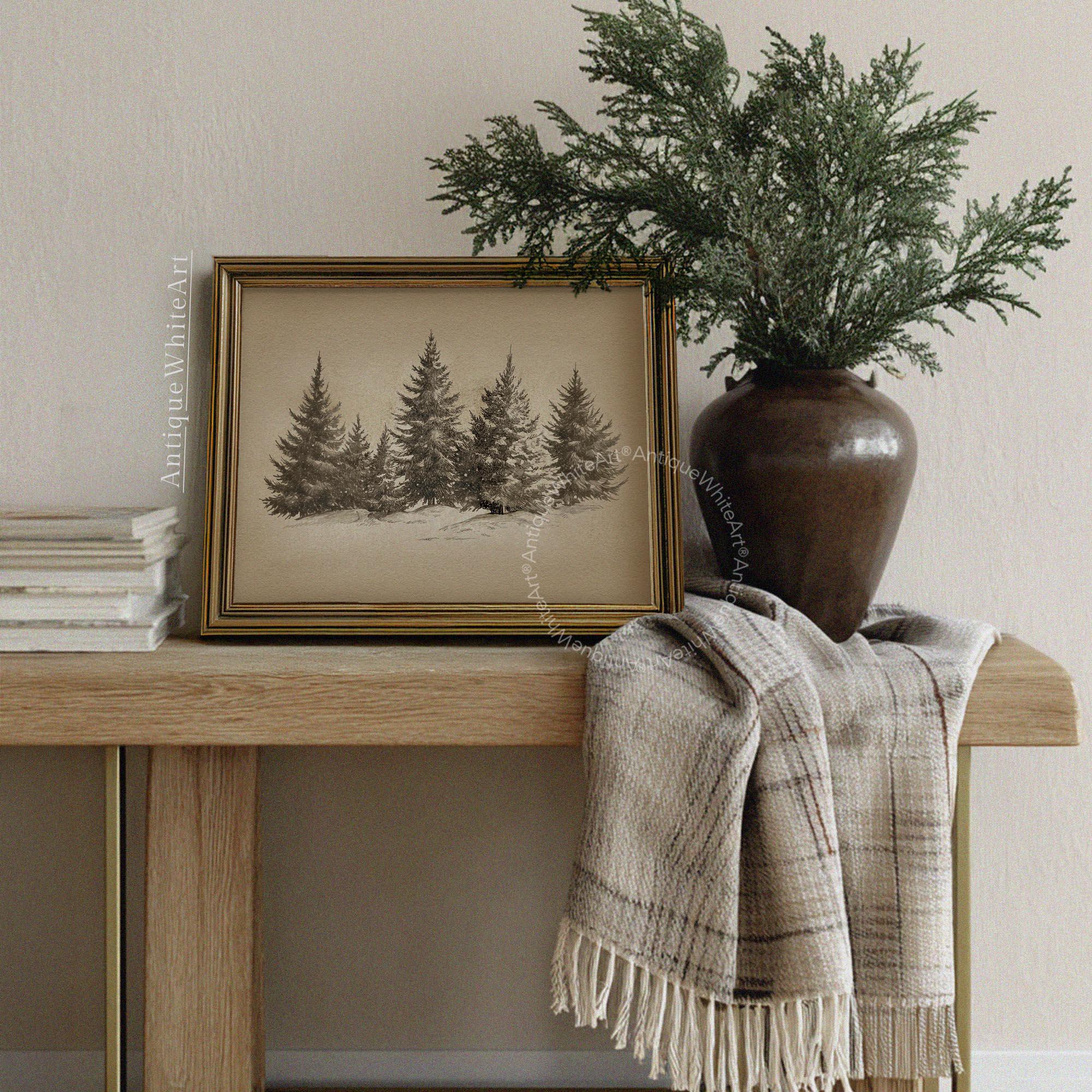 Vintage Style Christmas Tree Print: Farmhouse Winter Forest Scene ( ) W190 Print Wall Art