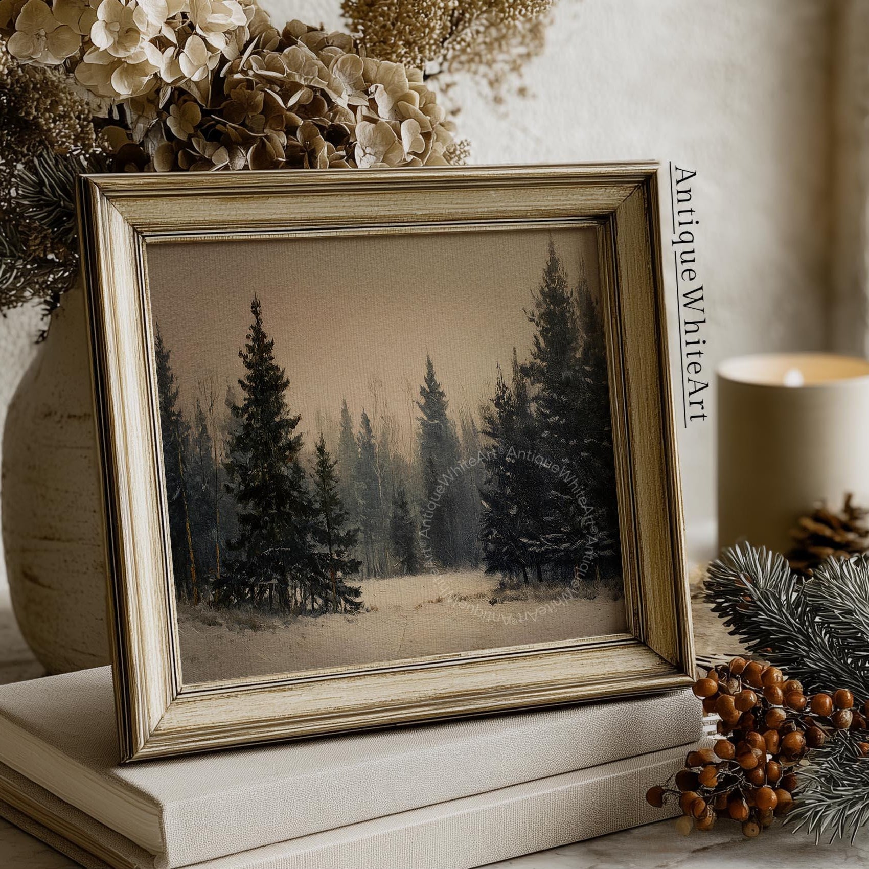 Winter Pine Forest Print: Moody Farmhouse Landscape ( ) W188 Print Wall Art