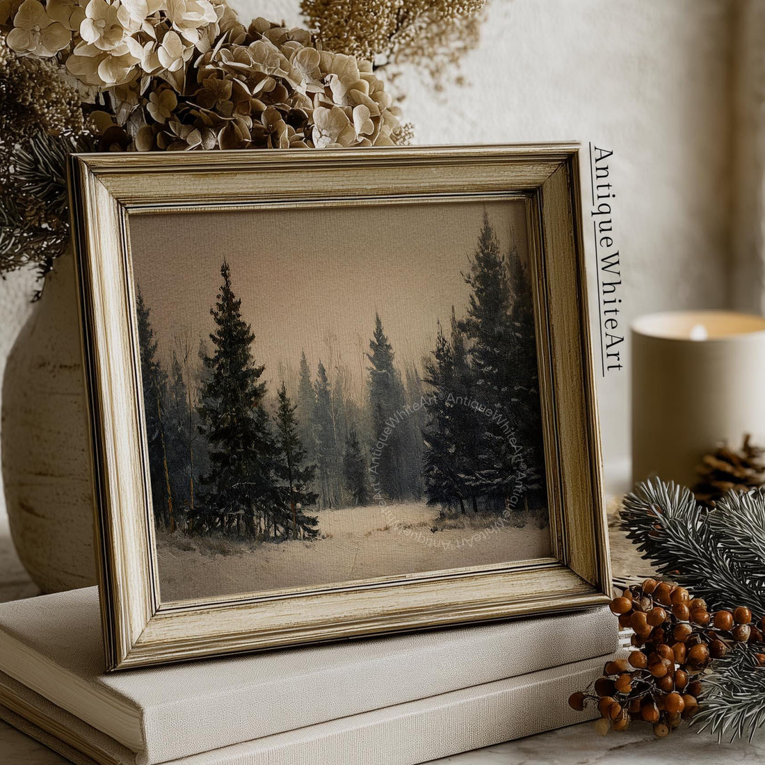 Winter Pine Forest Print: Moody Farmhouse Landscape ( ) W188 Print Wall Art