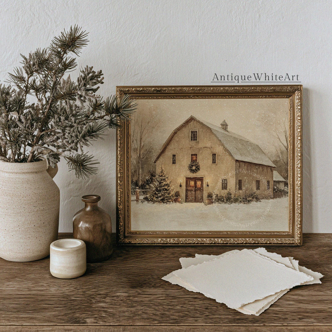 Rustic Barn Christmas Tree Painting: Winter Farmhouse Print ( ) W200 Wall Art