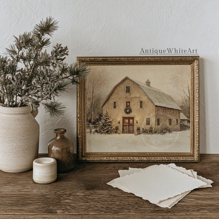 Rustic Barn Christmas Tree Painting: Winter Farmhouse Print ( ) W200 Wall Art