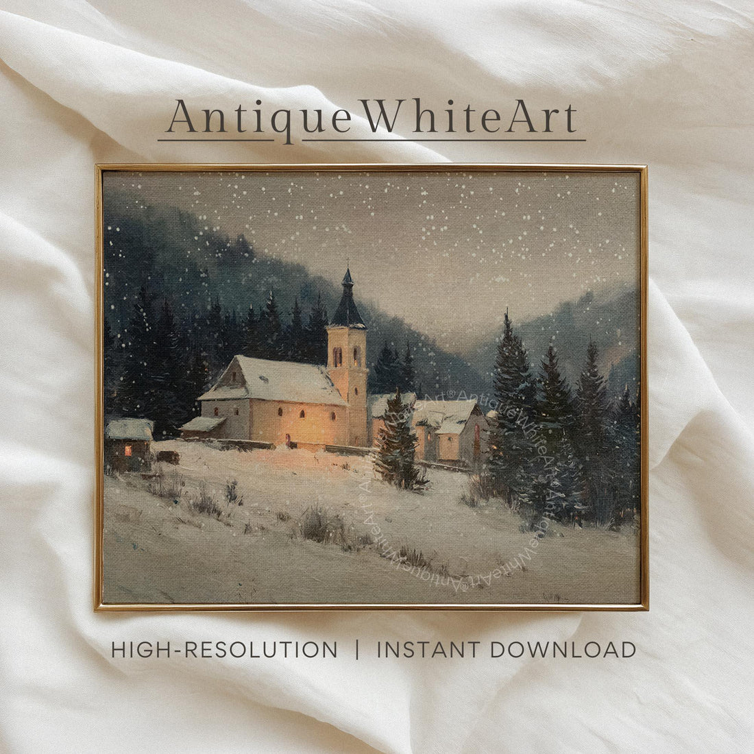 Vintage Style Winter Church Painting: Snowy Christmas Wall Art ( ) W201 Print