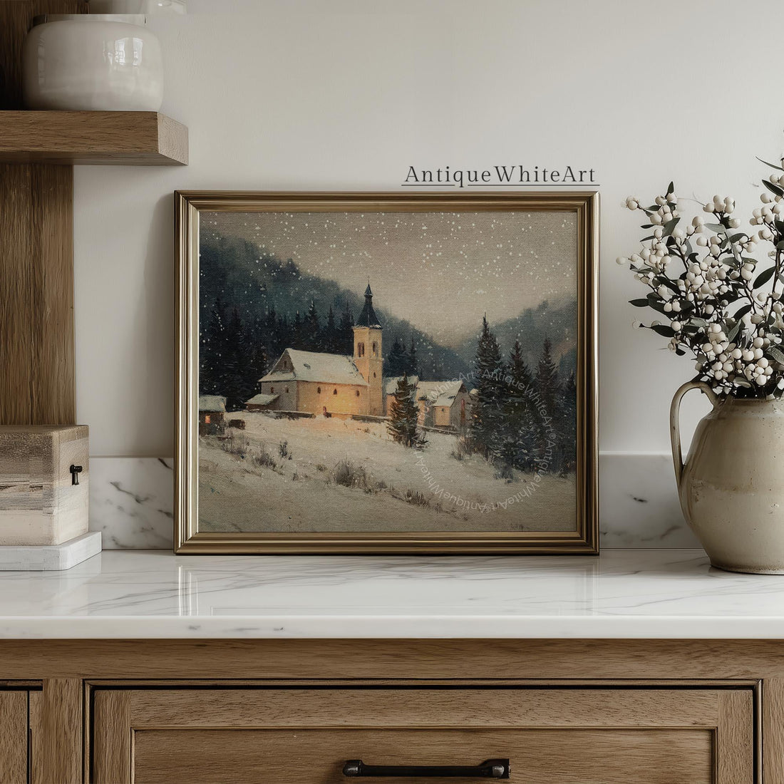 Vintage Style Winter Church Painting: Snowy Christmas Wall Art ( ) W201 Print