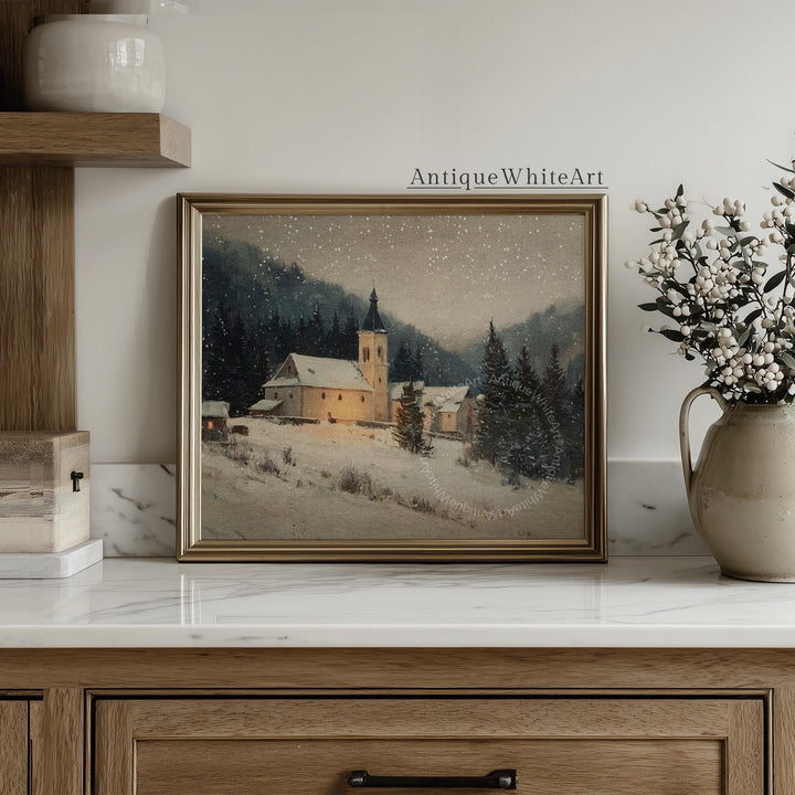 Vintage Style Winter Church Painting: Snowy Christmas Wall Art ( ) W201 Print