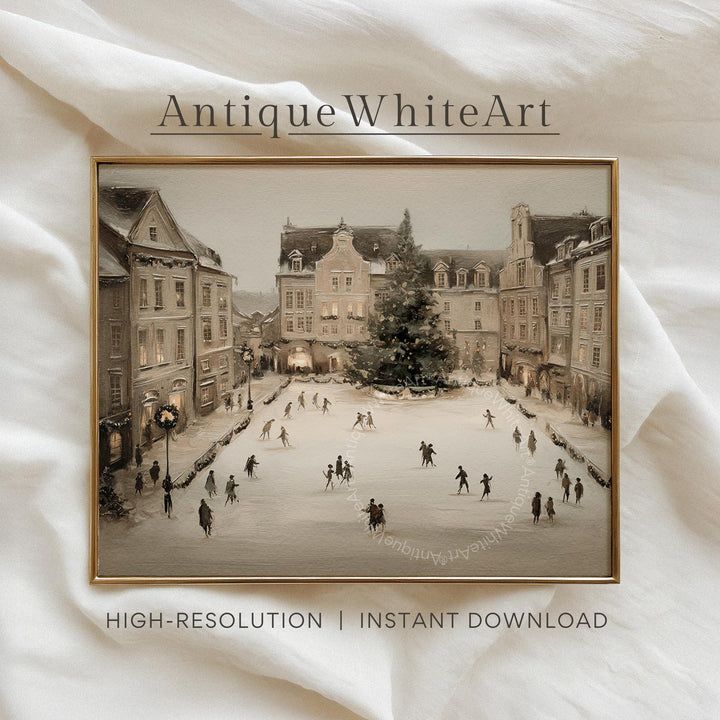 Winter Cityscape Art Print: Moody Ice Skating Scene ( ) W202 Print Wall