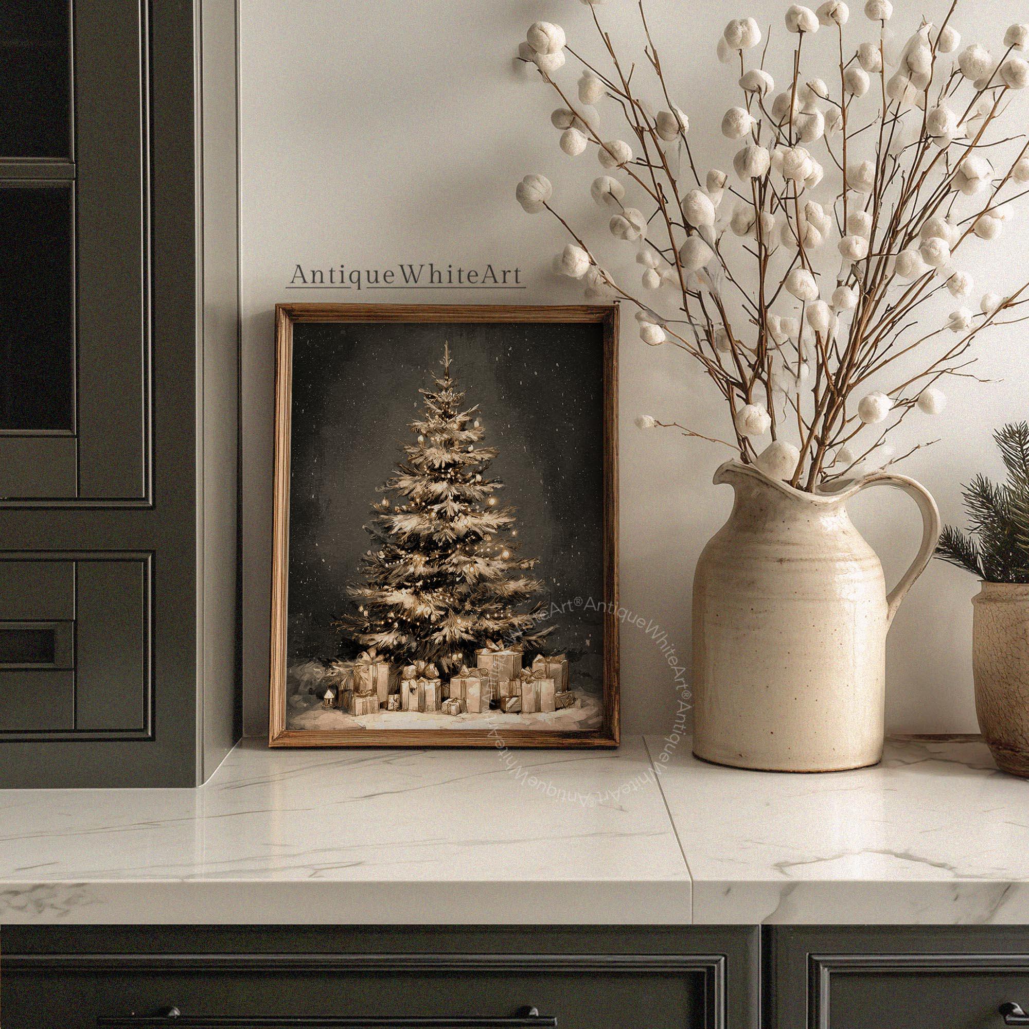 Christmas Tree Painting: Vintage Style Moody Holiday Print W205 Wall Art