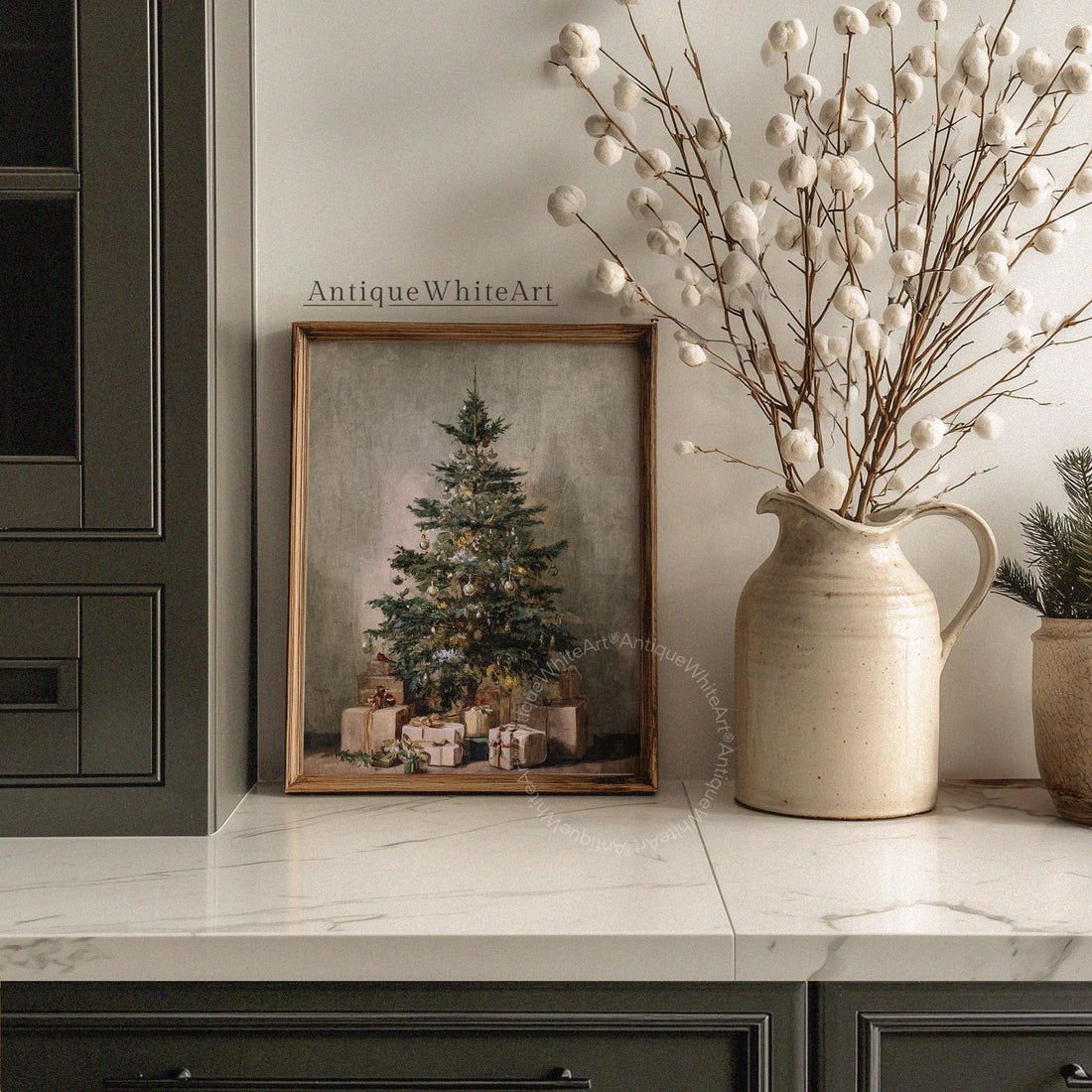 Christmas Wall Art: Vintage Style Tree Painting Neutral Festive Print ( ) W207 Art