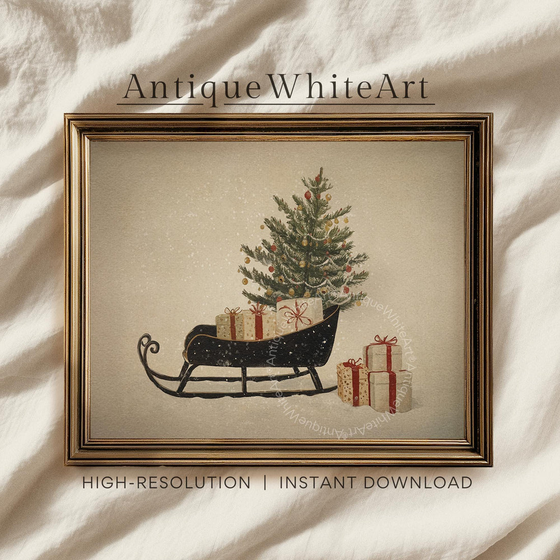 Vintage Style Christmas Sleigh Print: Holiday Wall Art ( ) W219 Print