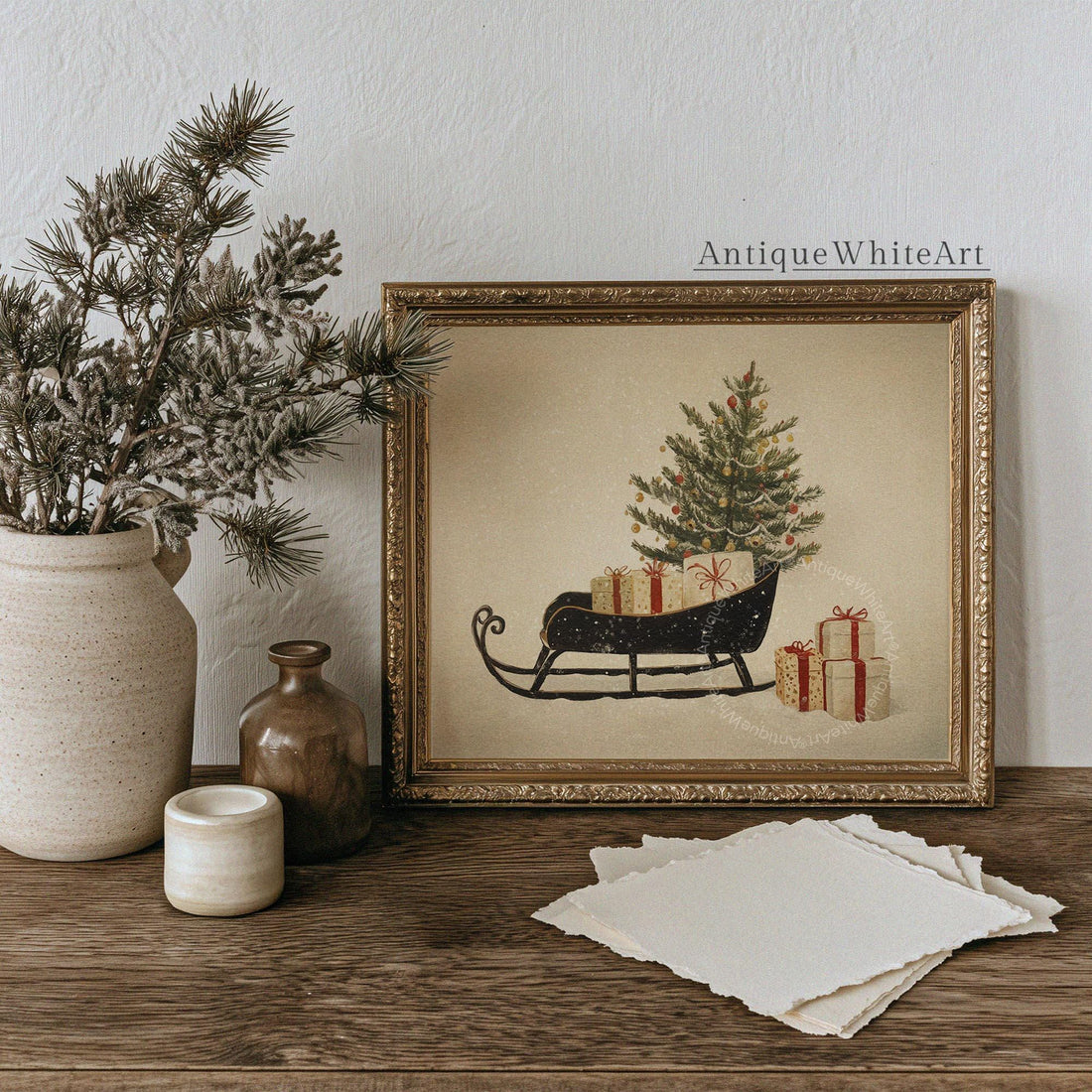 Vintage Style Christmas Sleigh Print: Holiday Wall Art ( ) W219 Print