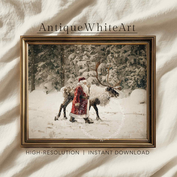 Santa Claus Print: Reindeer Painting Vintage Style Christmas Decor Snowy Forest W222 Print Wall Art