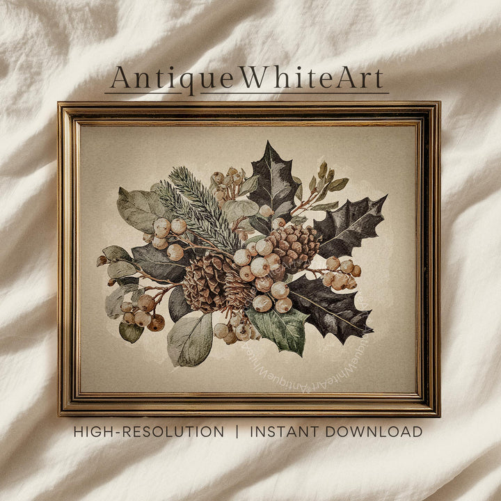 Vintage Style Botanical Christmas Wall Art: Pinecone and Holly Watercolor Painting ( ) W213 Print Art