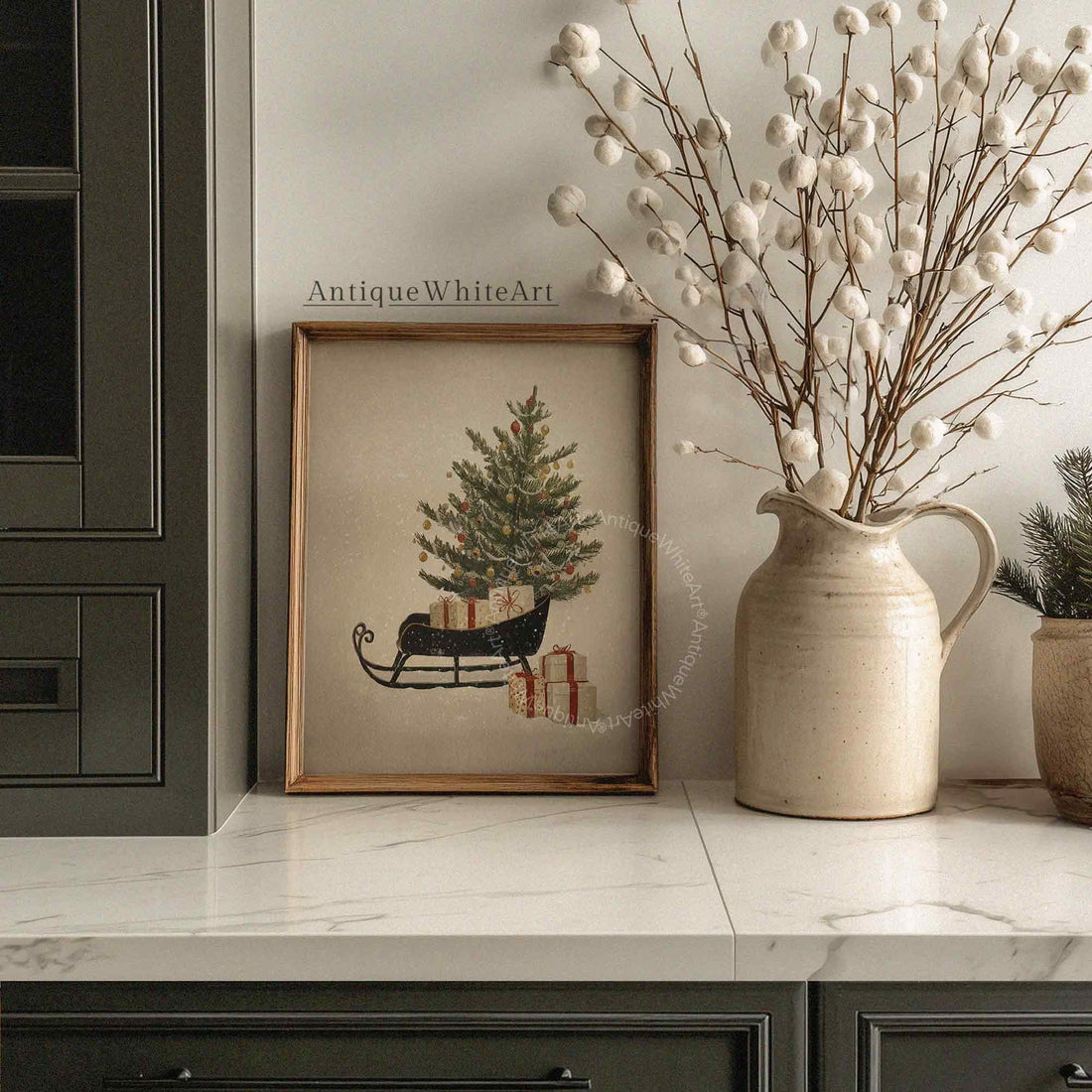 Vintage Style Christmas Sleigh Print: Holiday Wall Art ( ) W220 Print