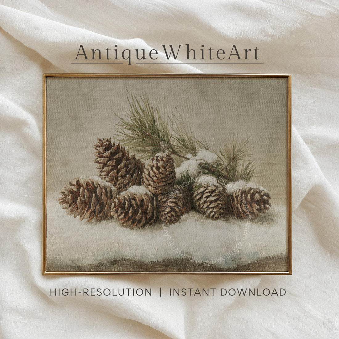 Vintage Style Botanical Christmas Wall Art: Pinecone Rustic Oil Painting ( ) W218 Print Art