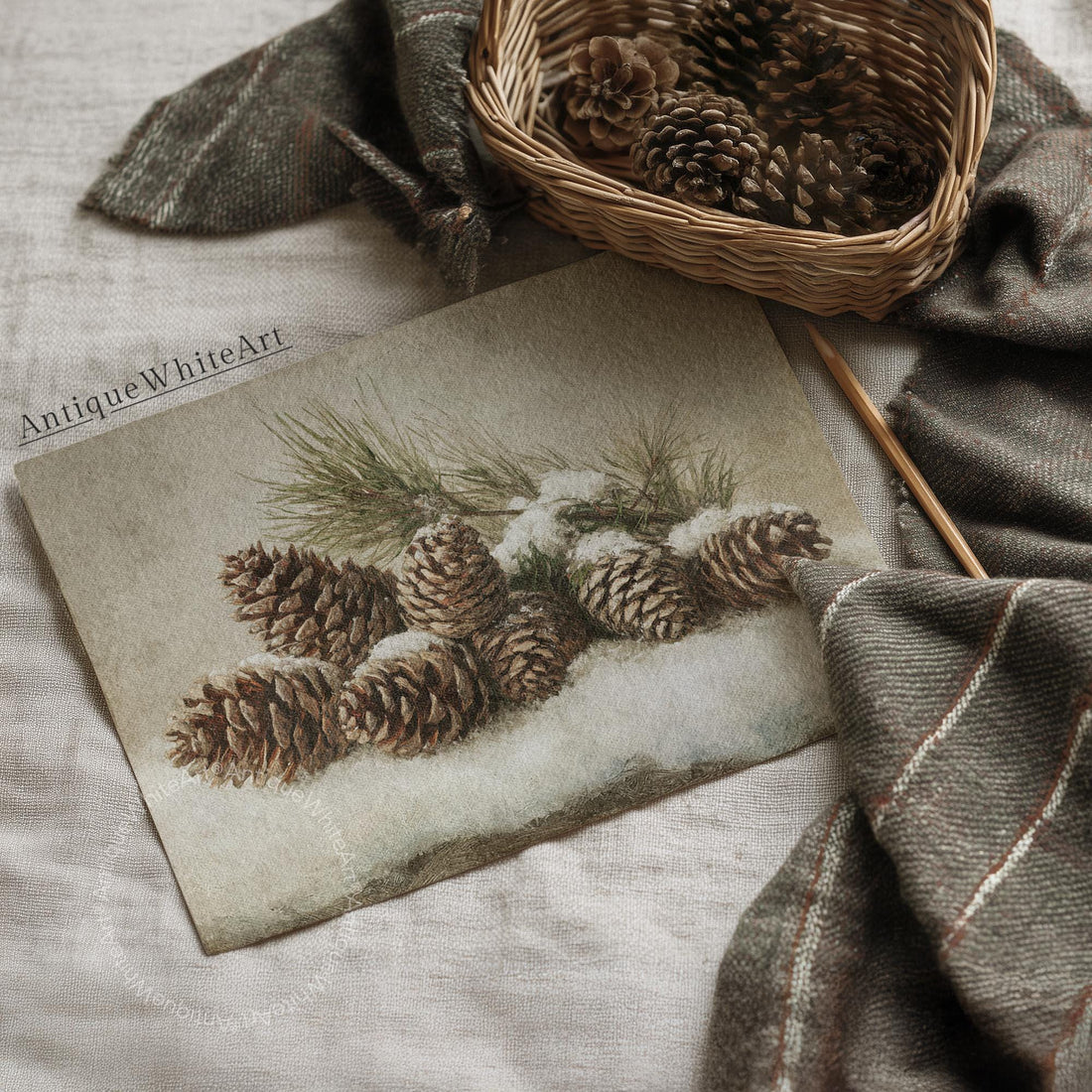 Vintage Style Botanical Christmas Wall Art: Pinecone Rustic Oil Painting ( ) W218 Print Art