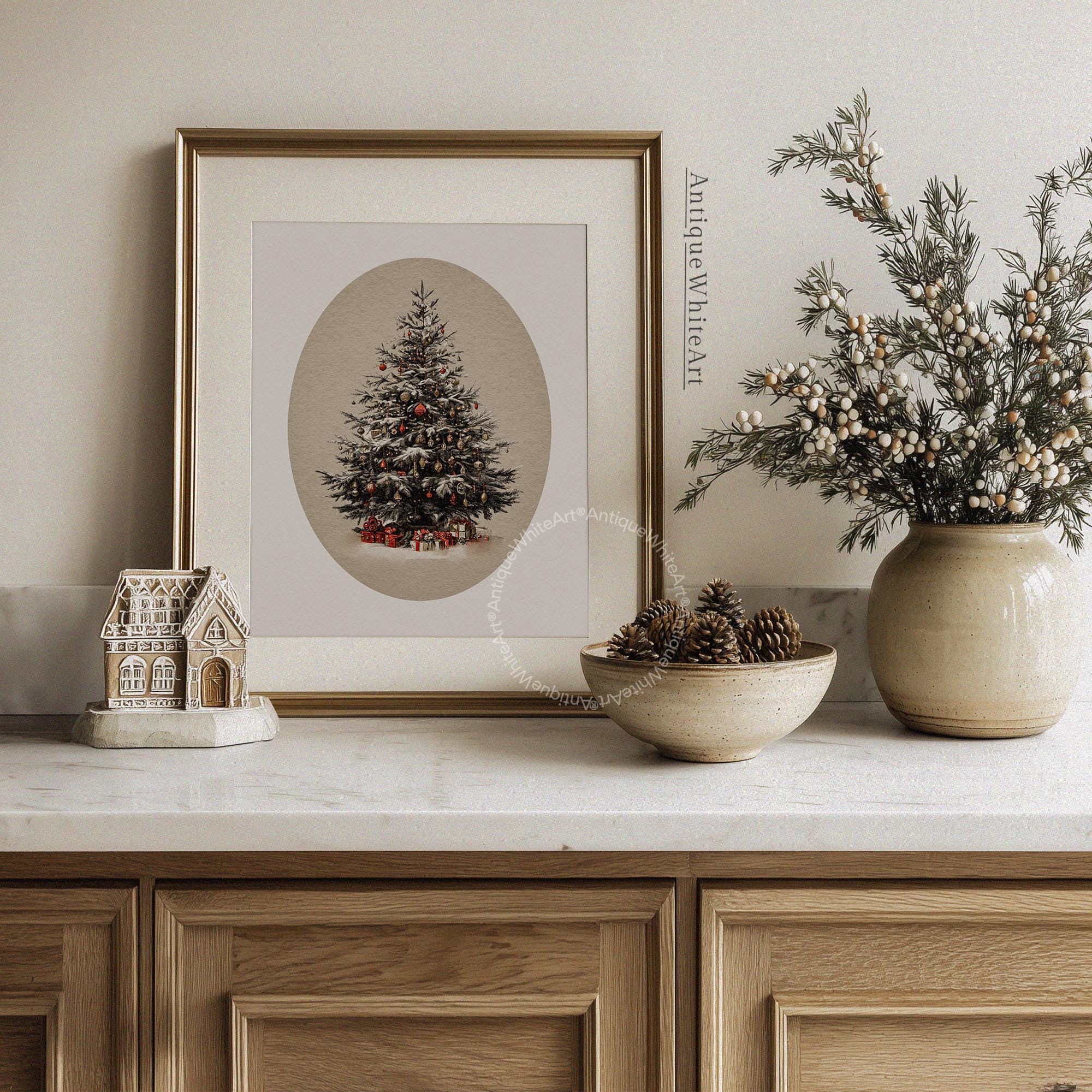 Christmas Tree Painting: Vintage Style Neutral Holiday Print W225 Wall Art