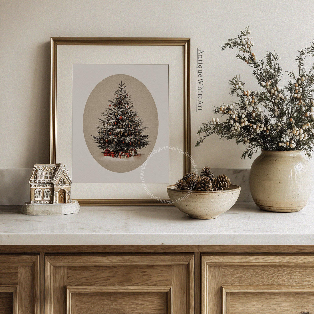 Christmas Tree Painting: Vintage Style Neutral Holiday Print W225 Wall Art