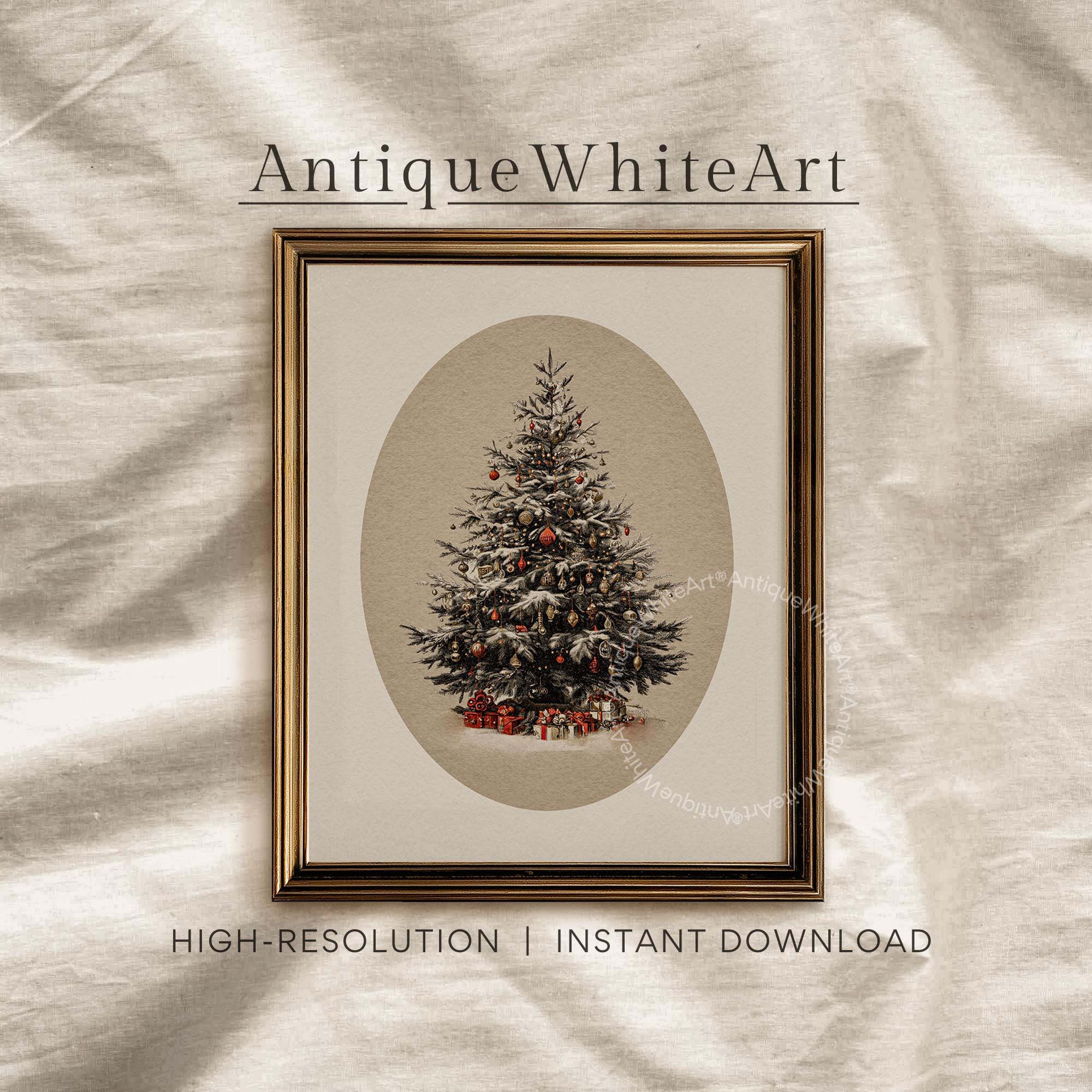 Christmas Tree Painting: Vintage Style Neutral Holiday Print W225 Wall Art