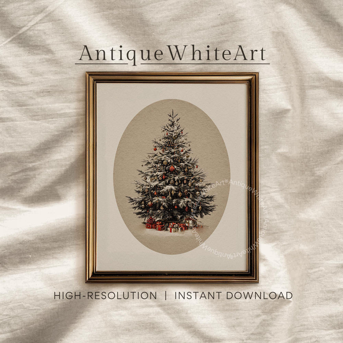 Christmas Tree Painting: Vintage Style Neutral Holiday Print W225 Wall Art