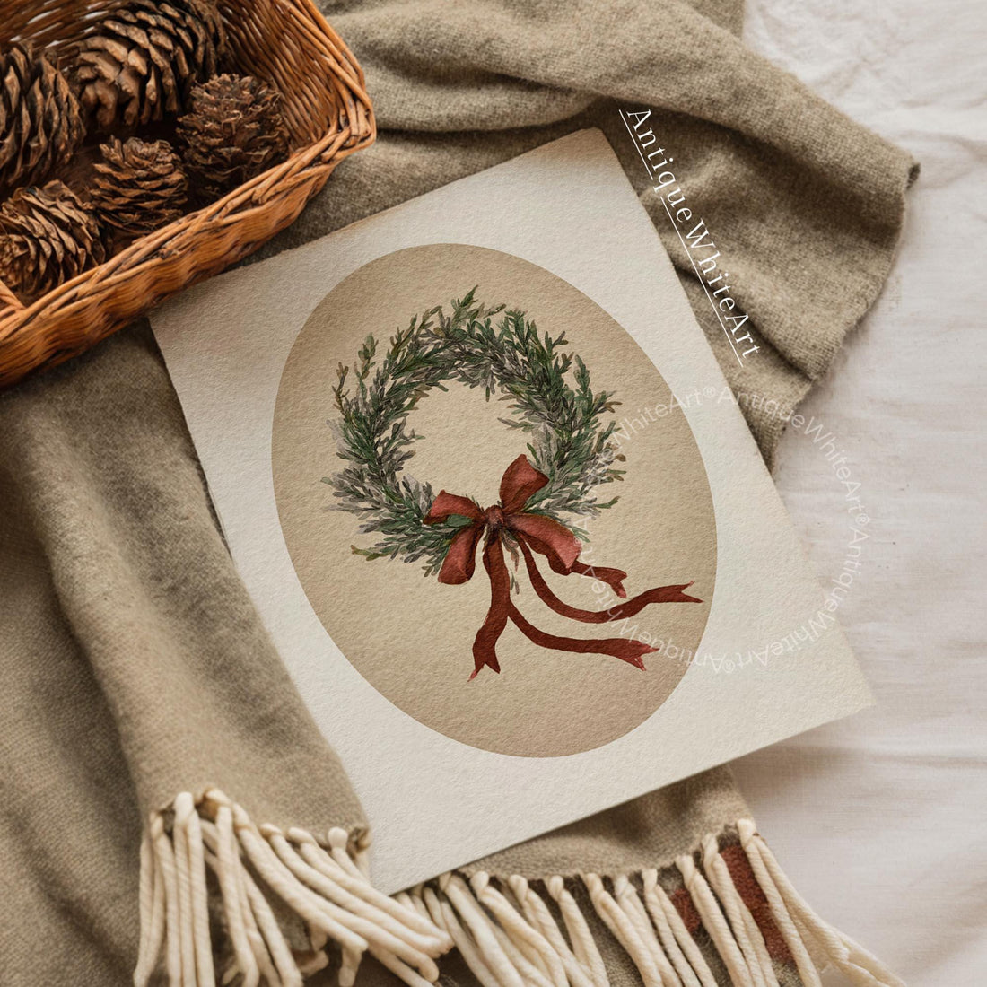 Vintage Style Christmas Wreath Painting: Rustic Holiday Wall Art ( ) W227 Print