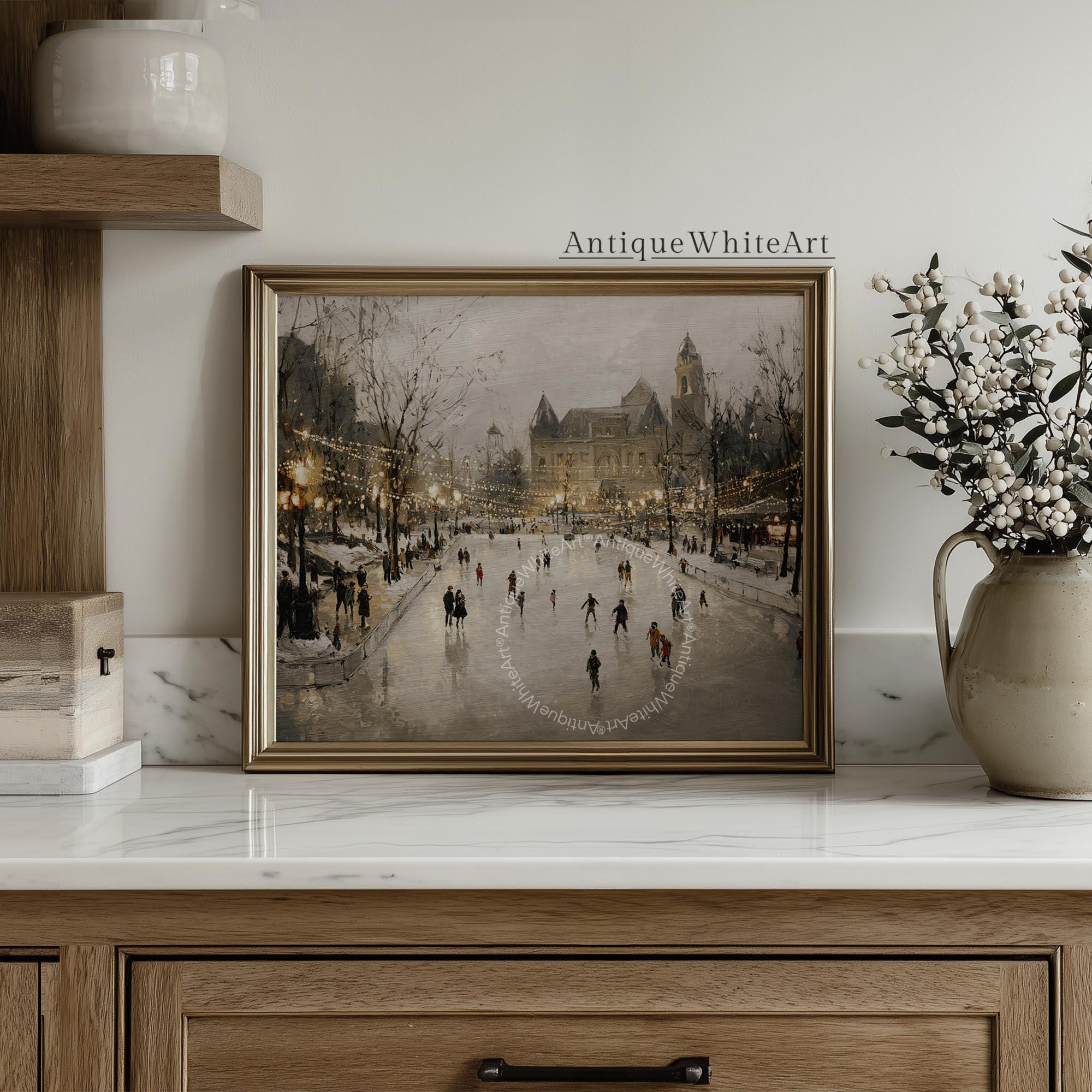Winter Cityscape Art Print: Moody Ice Skating Scene ( ) W230 Print Wall