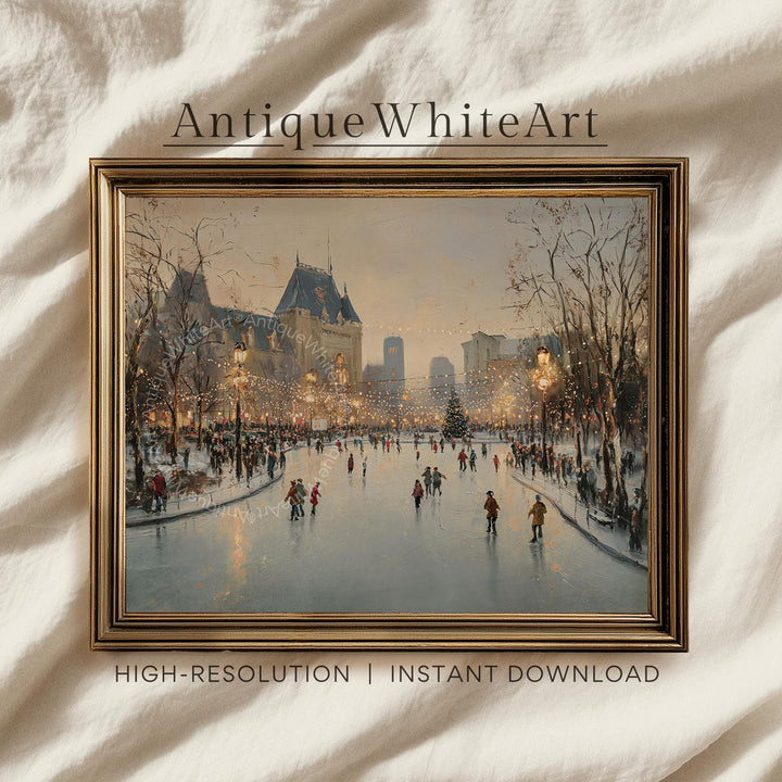 Winter Cityscape Art Print: Moody Ice Skating Scene ( ) W231 Print Wall