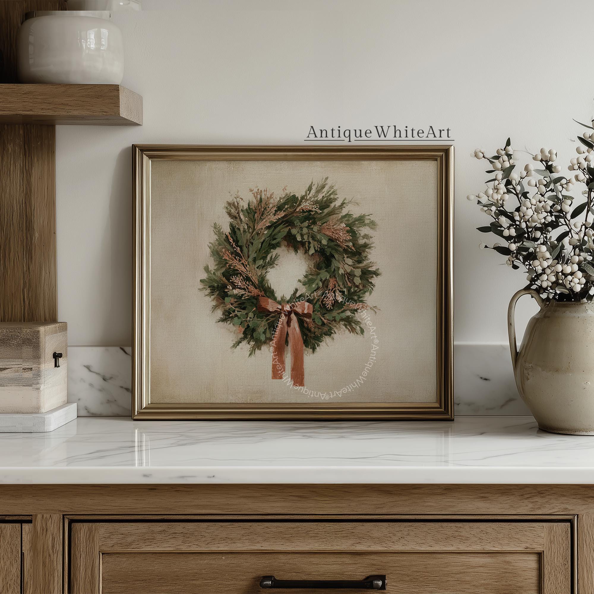 Vintage Style Christmas Wreath Painting: Rustic Holiday Wall Art ( ) W232 Print