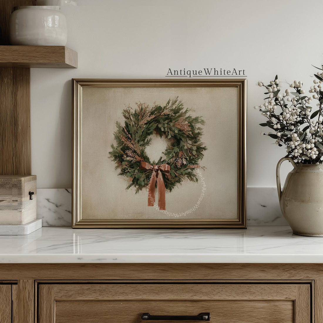 Vintage Style Christmas Wreath Painting: Rustic Holiday Wall Art ( ) W232 Print