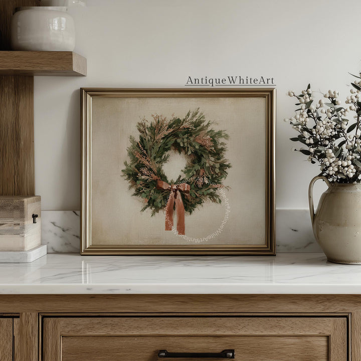 Vintage Style Christmas Wreath Painting: Rustic Holiday Wall Art ( ) W232 Print