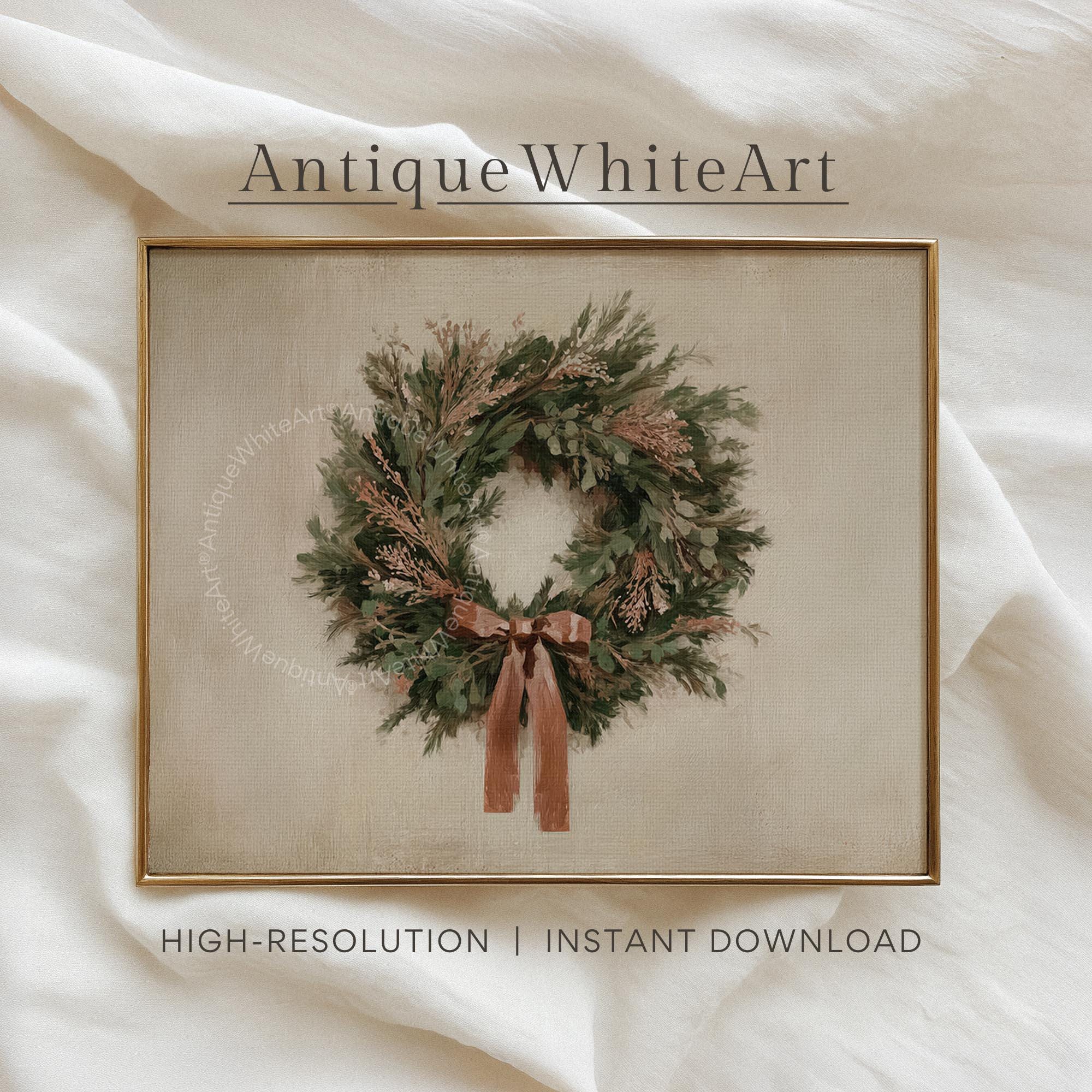 Vintage Style Christmas Wreath Painting: Rustic Holiday Wall Art ( ) W232 Print