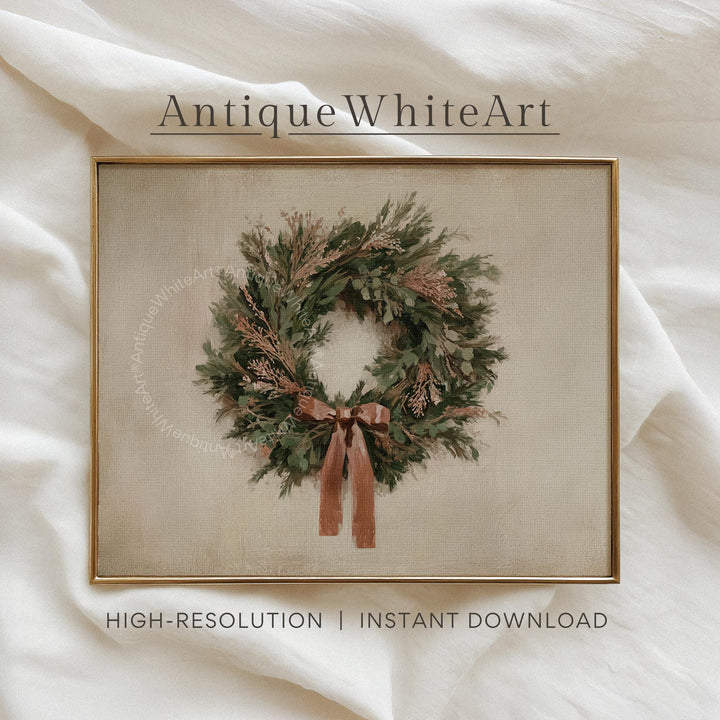 Vintage Style Christmas Wreath Painting: Rustic Holiday Wall Art ( ) W232 Print