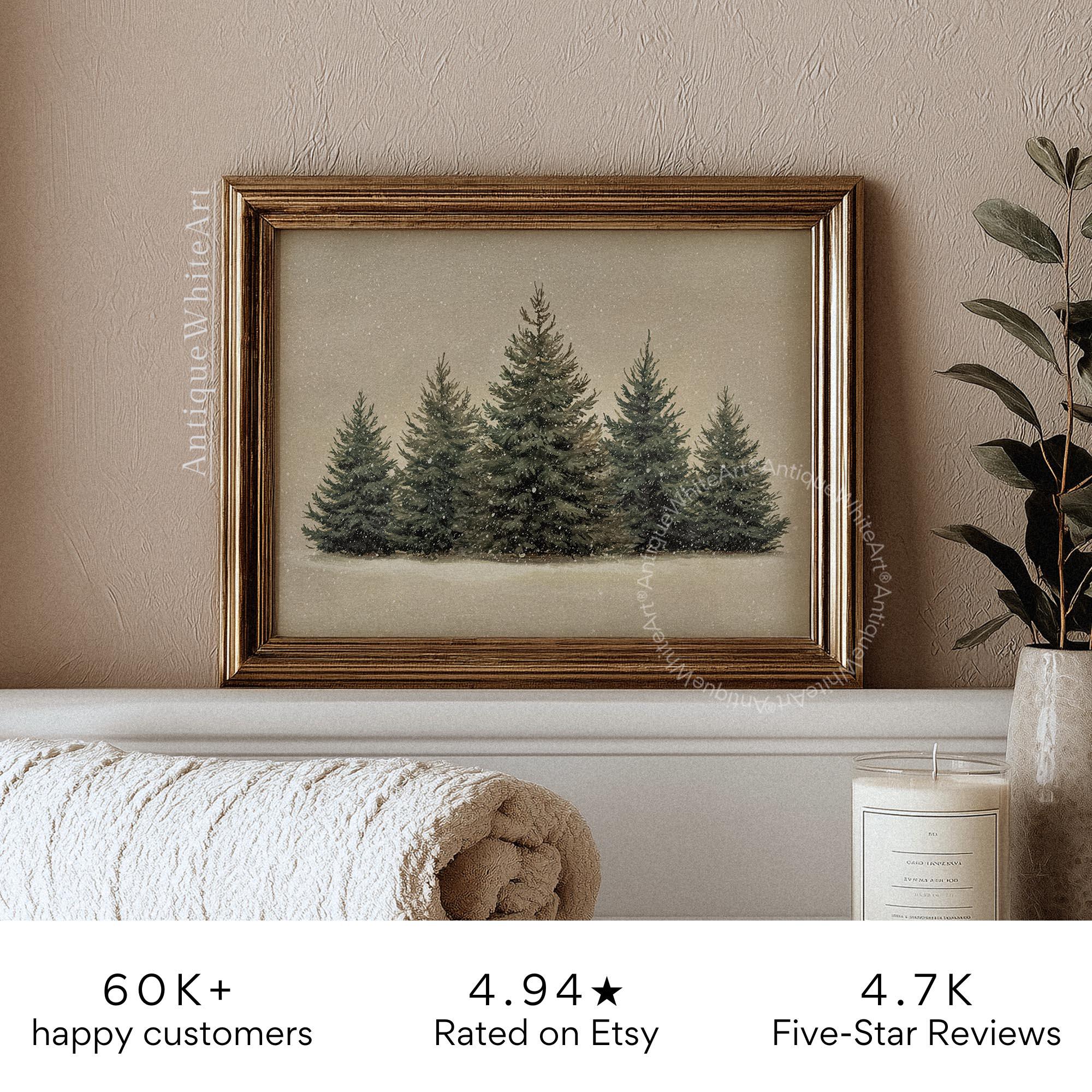 Vintage Style Christmas Print: Snowy Pine Forest Scene in Neutral Tones ( ) W233 Print Wall Art