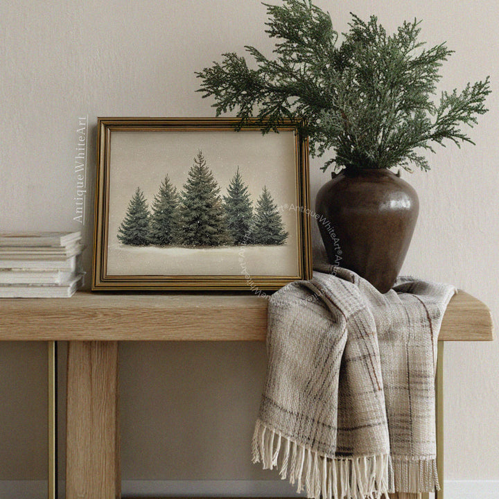 Vintage Style Christmas Print: Snowy Pine Forest Scene in Neutral Tones ( ) W233 Print Wall Art