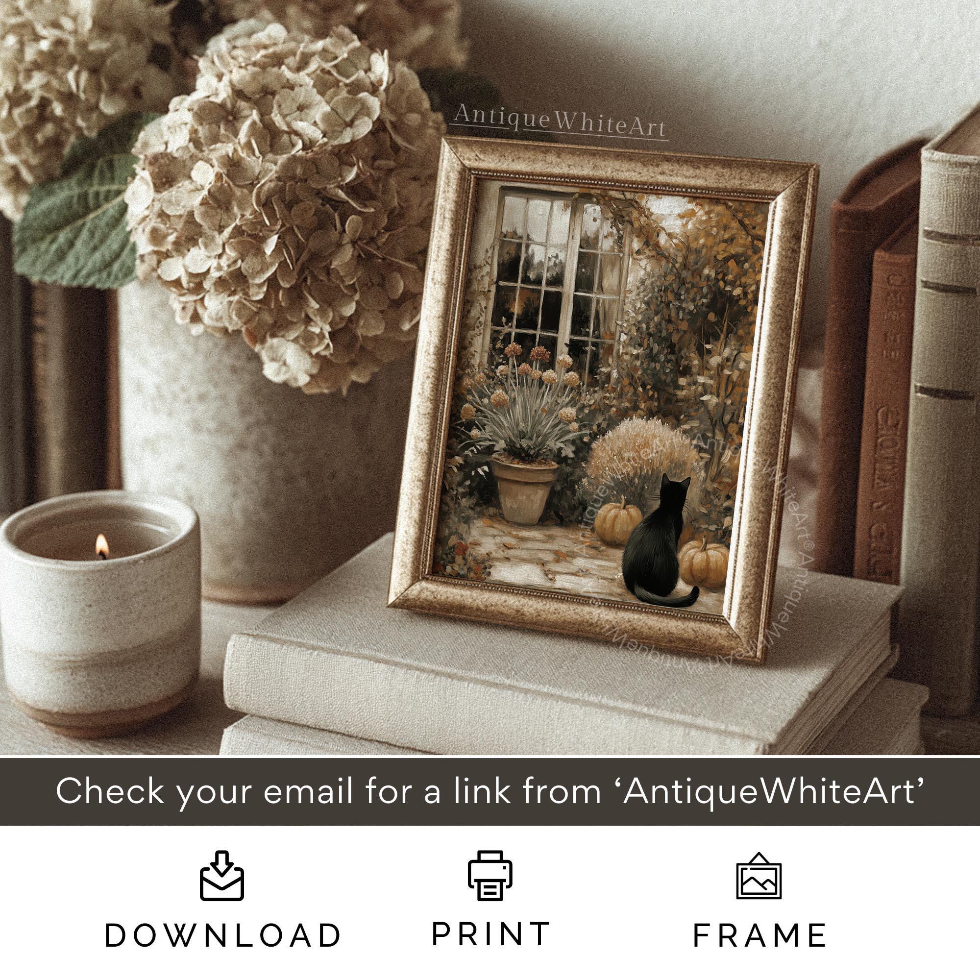 Black Cat Pumpkin Patch Print: Vintage Style Autumn Cottage Garden Art ( ) Print Wall