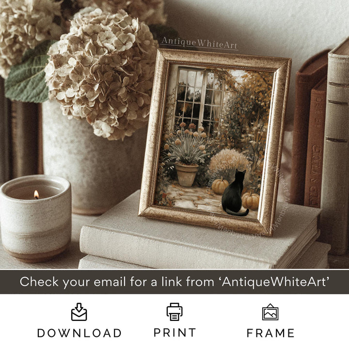 Black Cat Pumpkin Patch Print: Vintage Style Autumn Cottage Garden Art ( ) Print Wall