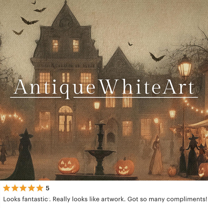 Vintage Style Halloween Town Print: Witches Jack O' Lanterns Spooky Decor ( ) Print Wall Art