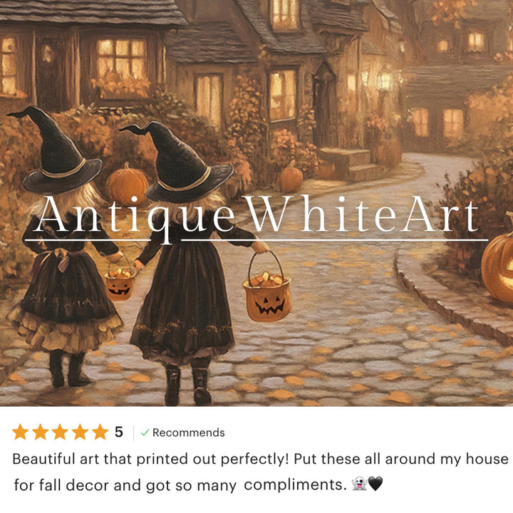 Vintage Style Halloween Print: Little Witches Autumn Village ( ) Print Wall Art