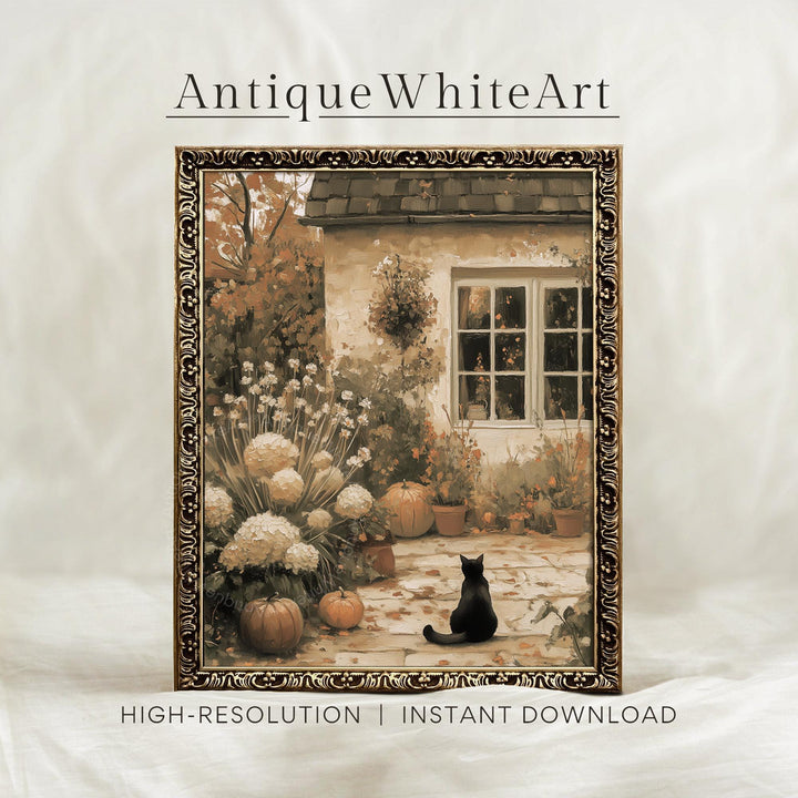 Vintage Style Halloween Black Cat Art Print: Autumn Cottage Decor ( ) Print Wall