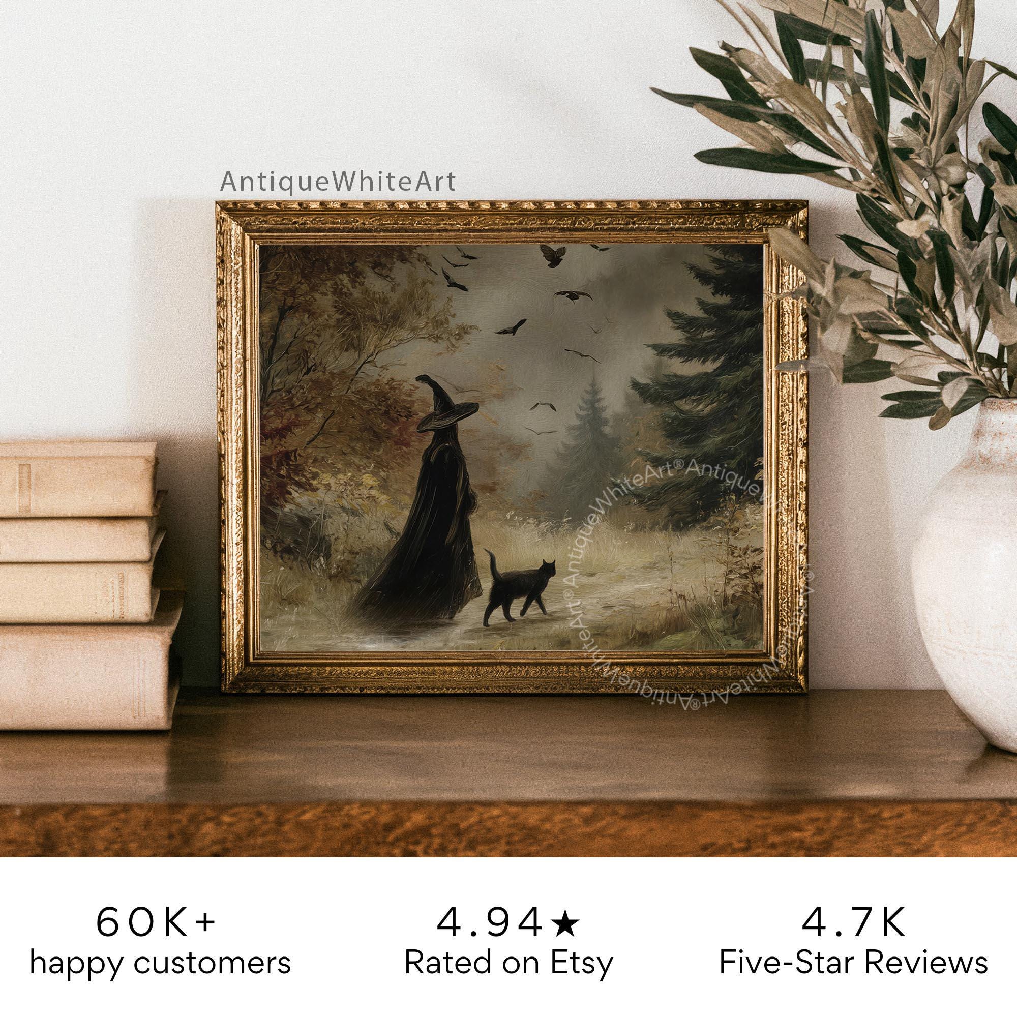 Witch and Black Cat Halloween Print: Vintage Style Autumn Forest ( ) Print Wall Art