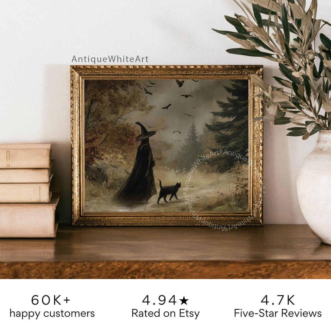 Witch and Black Cat Halloween Print: Vintage Style Autumn Forest ( ) Print Wall Art