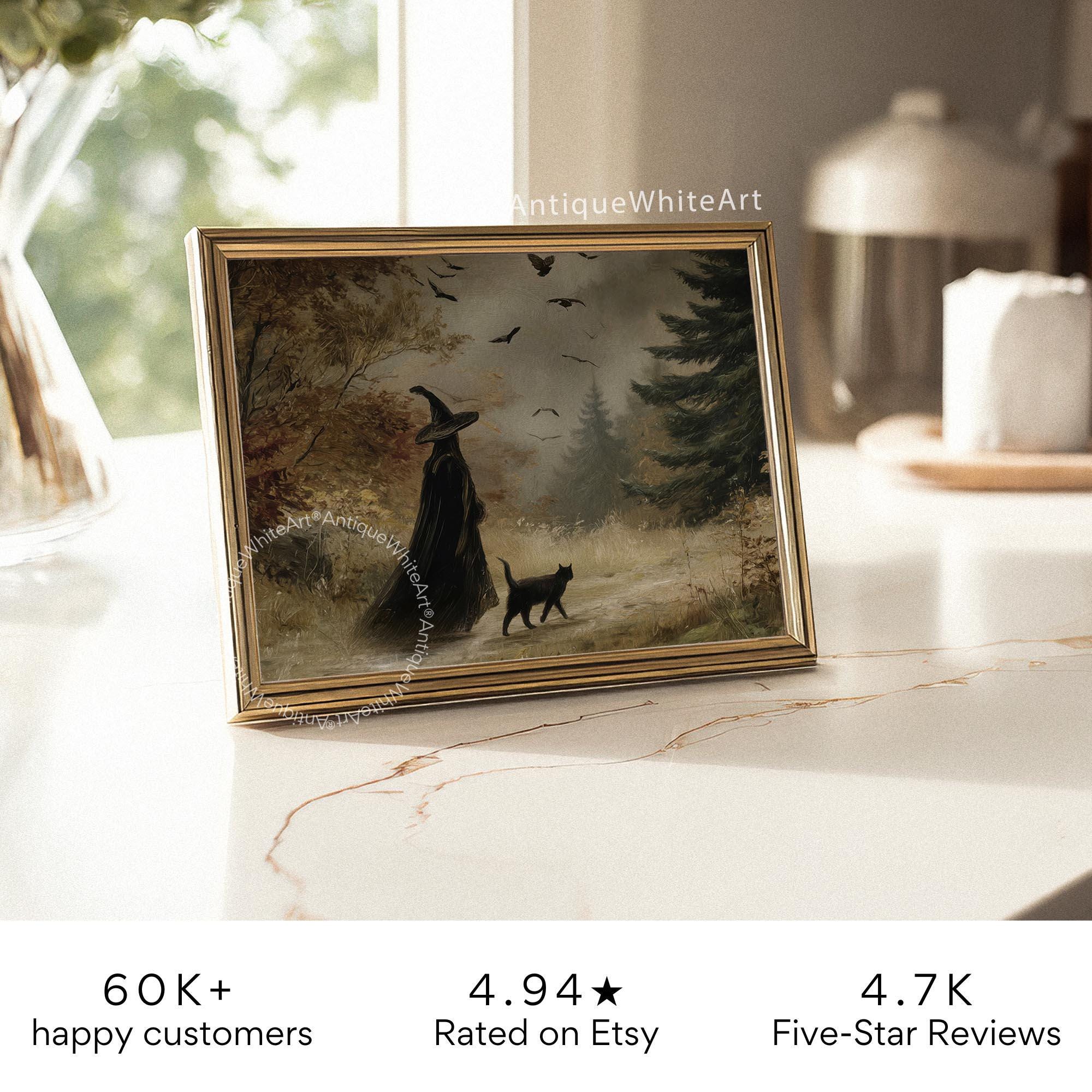 Witch and Black Cat Halloween Print: Vintage Style Autumn Forest ( ) Print Wall Art