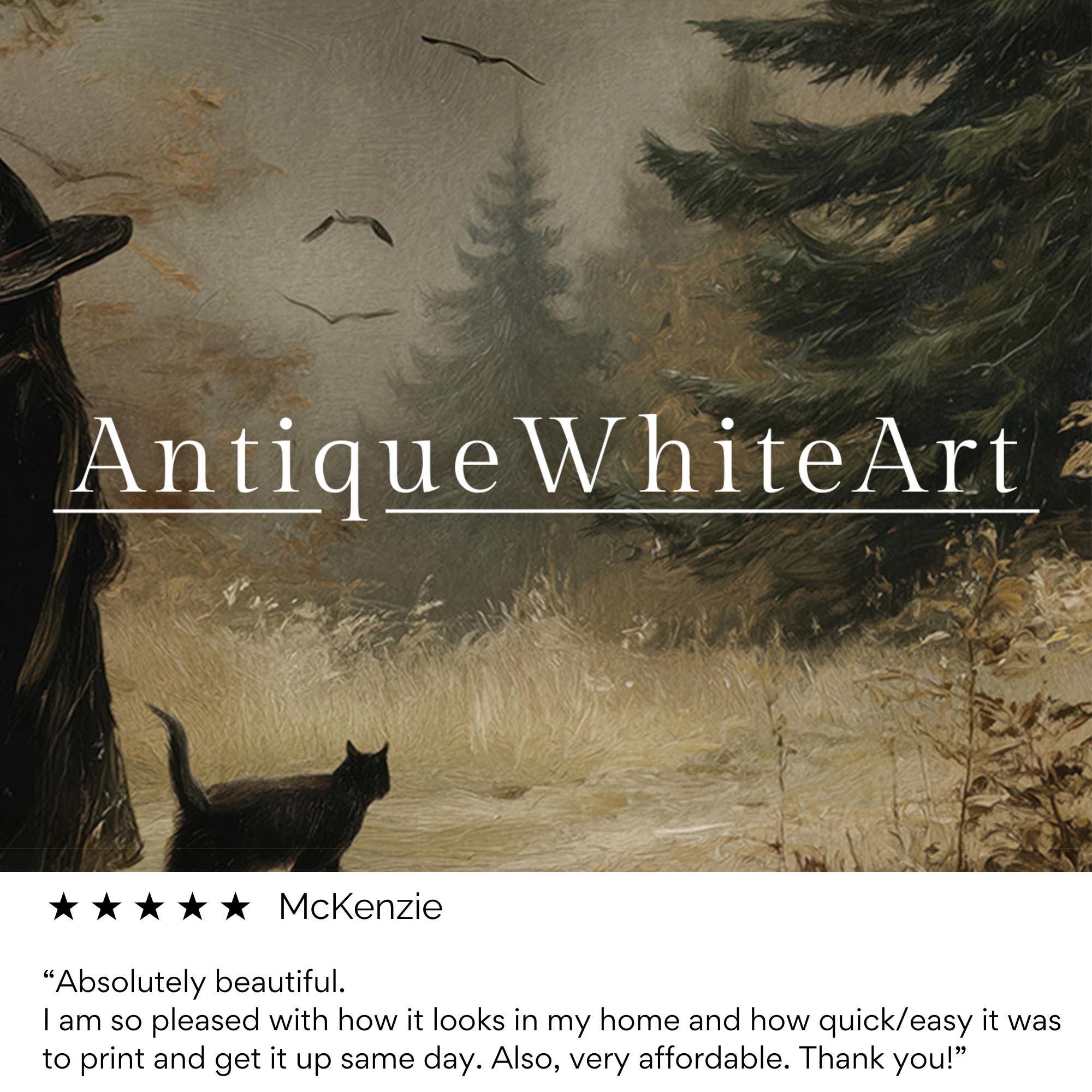 Witch and Black Cat Halloween Print: Vintage Style Autumn Forest ( ) Print Wall Art