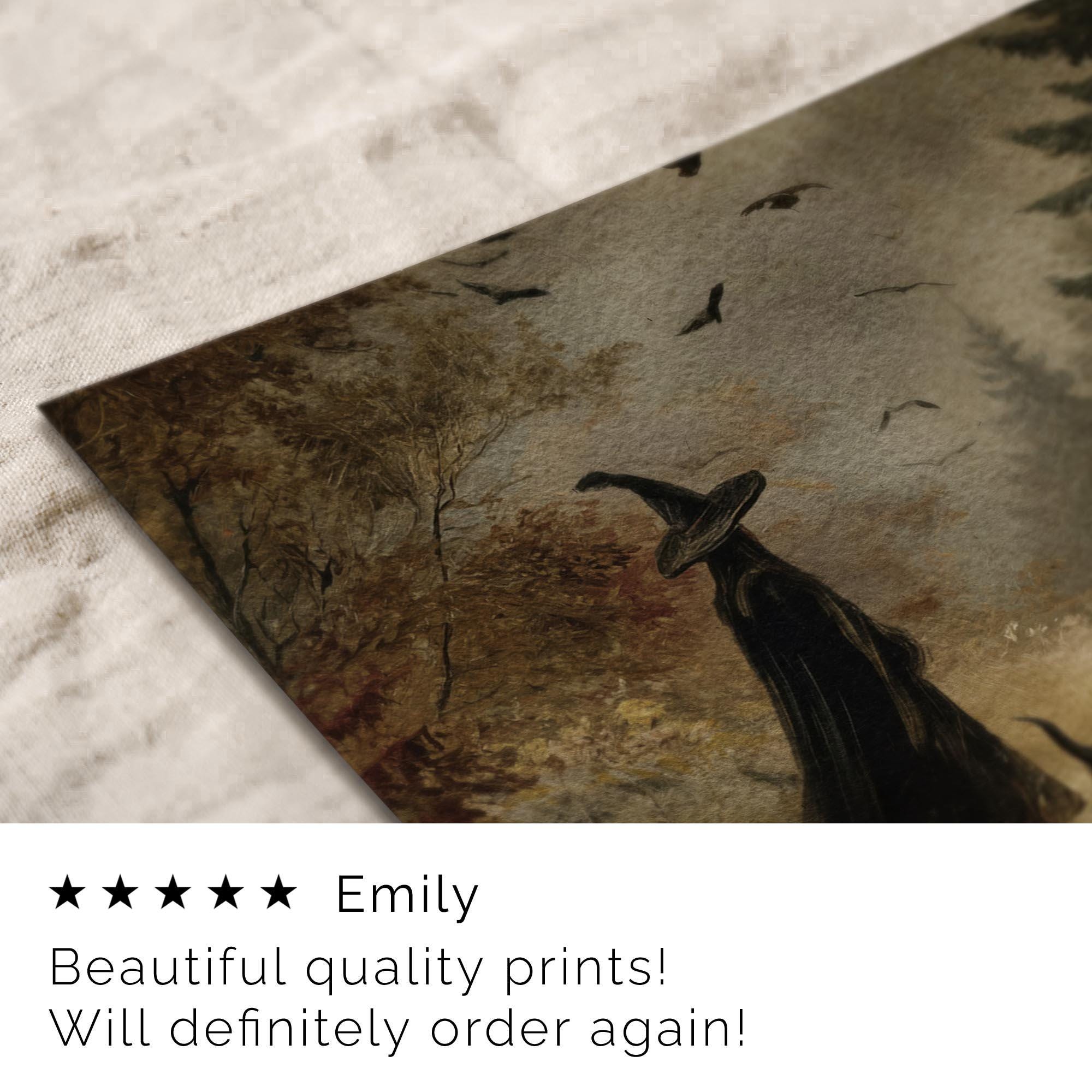 Witch and Black Cat Halloween Print: Vintage Style Autumn Forest ( ) Print Wall Art