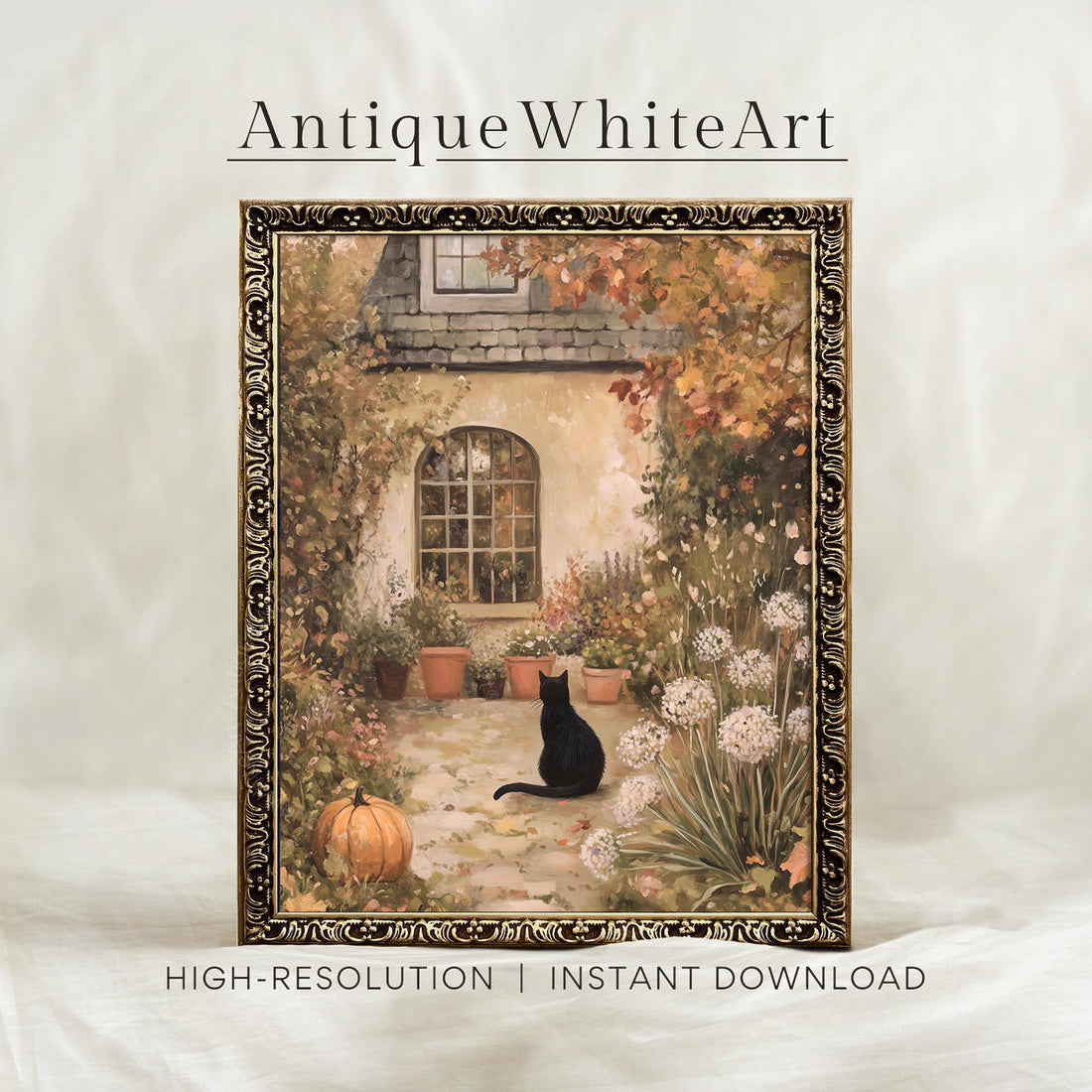 Black Cat Cottage Print: Vintage Style Autumn Pumpkin Garden ( ) Print Wall Art